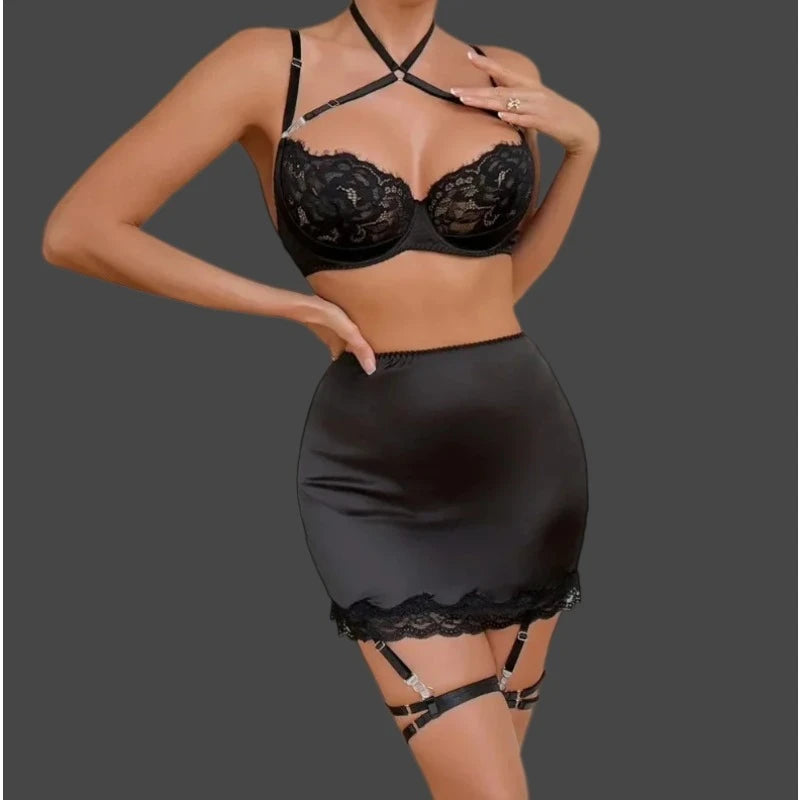 4 Pieces Sexy Lingerie Sets Women Hot Halter Lace Bra and Panty Garters Mini Skirt Set Sissy Erotic Costumes Romantic Underwear