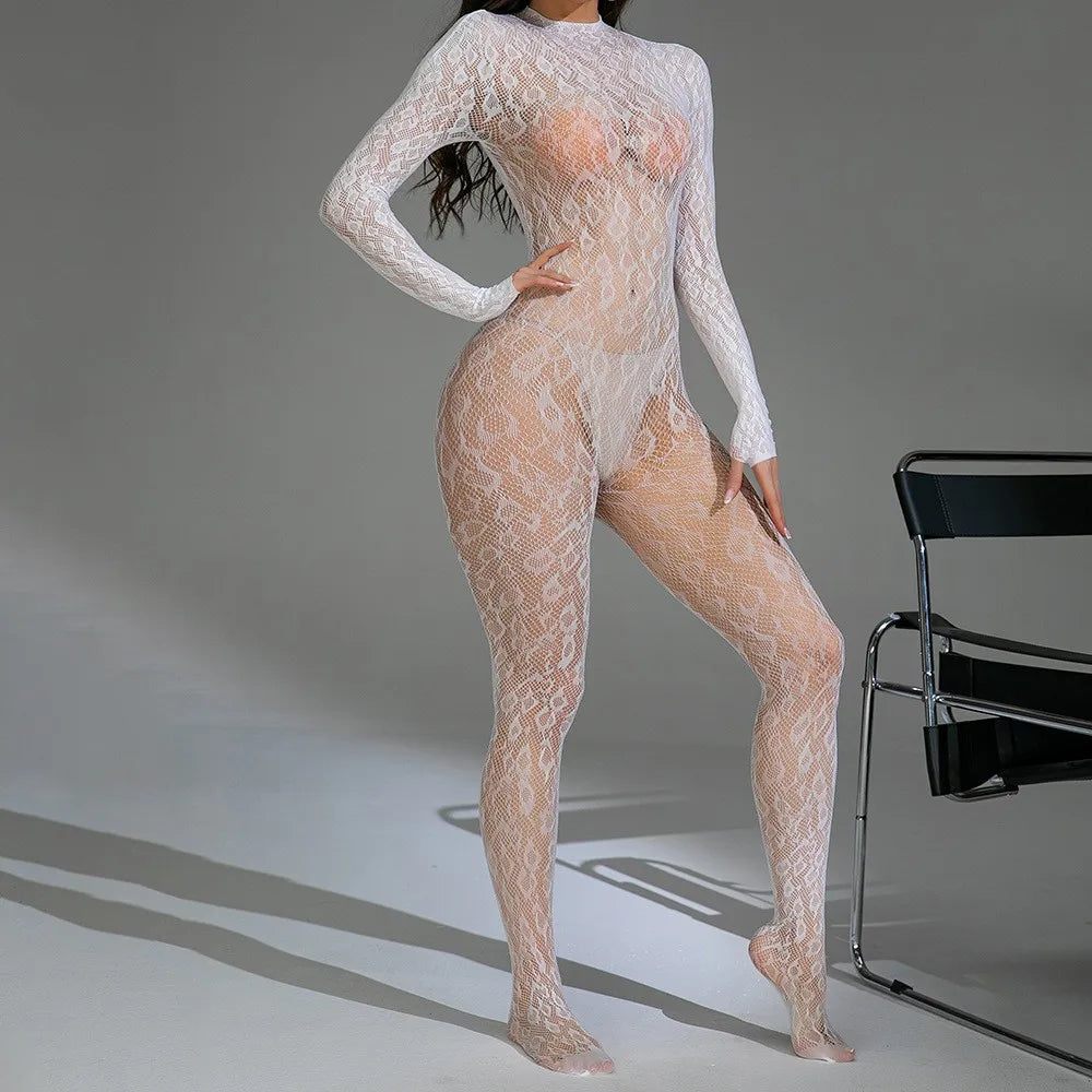 Sexy Teddies Bodysuit Fashionable Flower Print Elasticity Fetish Open Crotch Sexy lingerie Body Full Stocking Erotic Lingerie Co