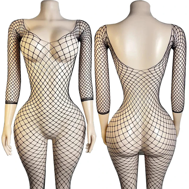 Open Back Bras Body Suits Hanging Neck Bodystockings Erotic Crotchless Lingerie Women Black Sexy Fishnet Hollow Underwear Sets
