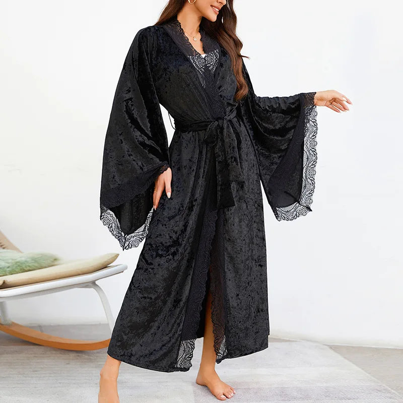 Lace Kimono Intimate Lingerie Velour Robe Women Long Nightgown Sleepwear Wedding Bride Party Gift Loungewear Nightwear