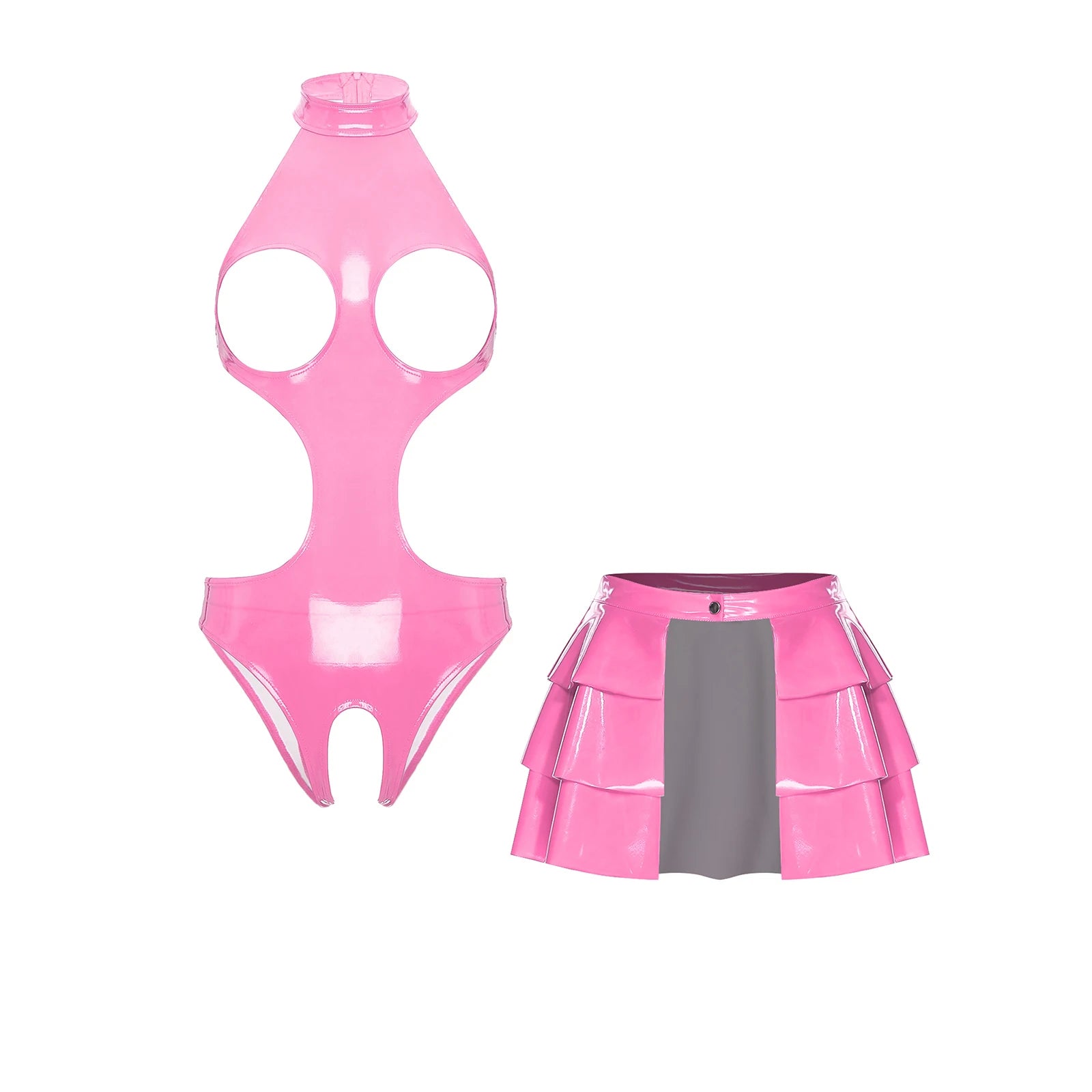 Womens Lingerie Set Bare Breast Open Crotch Bodysuit Ruffled Hem A-line Miniskirt with Wet Look Clubwear Pu Leather Rave Outfits