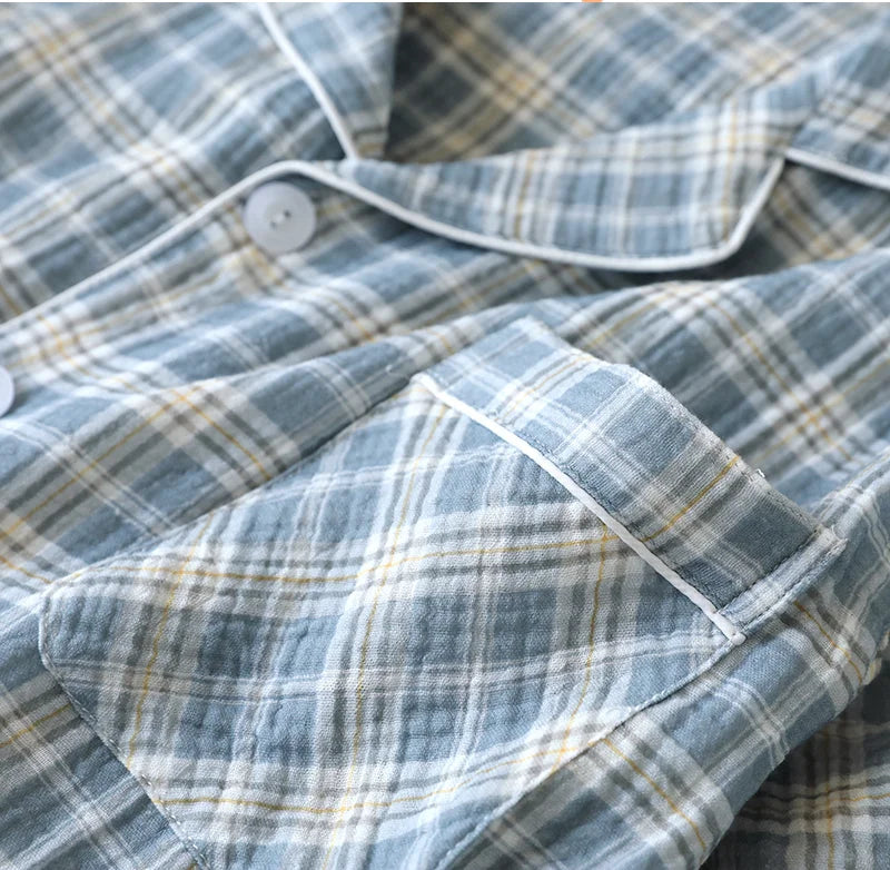 Men's 2-Piece Pajama Set - Japanese Plaid Sleepwear, Cotton Gauze Short Sleeve & Shorts, Lightweight & Breathable Relaxed Fit, S
