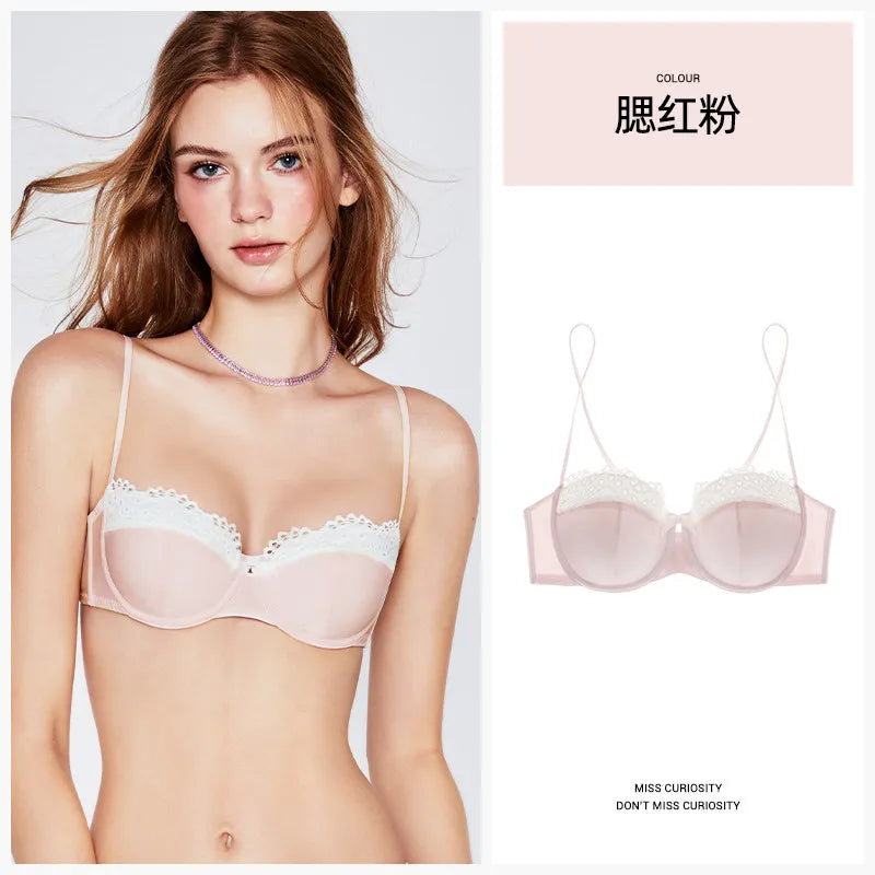 Sexy Demi Cup French Bras Women Thin Breathable Lace Minimizer Push Up Anti Side Bulge Plus Size Bralette