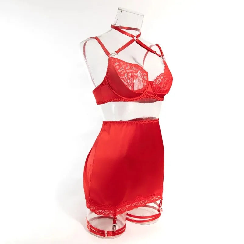 4 Pieces Sexy Lingerie Sets Women Hot Halter Lace Bra and Panty Garters Mini Skirt Set Sissy Erotic Costumes Romantic Underwear