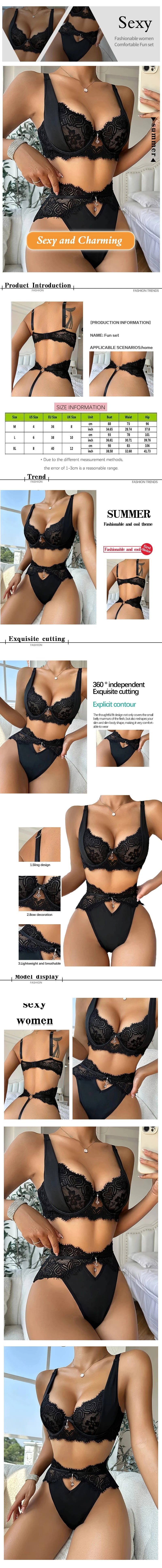 Women's Sexy Lace Lingerie Set with Black Lace Patchwork and Pendant Decoration for Women Sexy Bra Set
