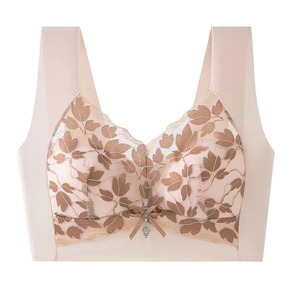 Breathable Leaf Lace Deep V Bras Zircon Bowknot Push Up Bras Big Cup Gathered Breasts Brassiere for Women Girls