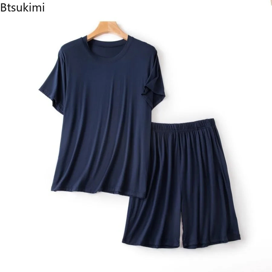 Modal Pajama Set Men's Round Neck Pajama Set for Summer Casual Wear Solid Color Loose Short Sleeved Shorts Two-piece Set Male
