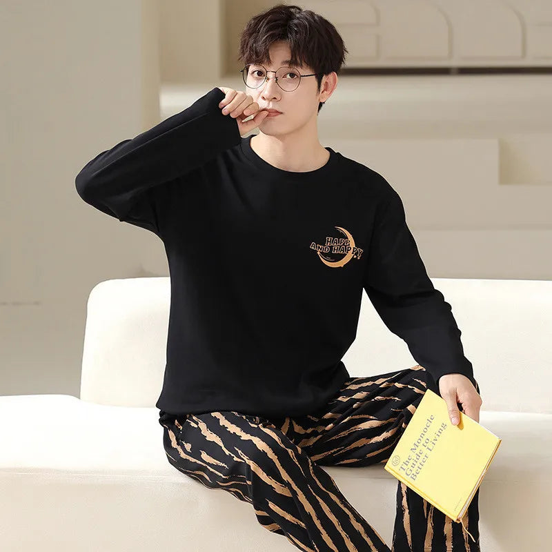 Men‘s Pajama Set Long Sleeve Black Striped Fall and Winter Youth Student Nightwear Loungewear Two Piece Set Sleepwear Homewear