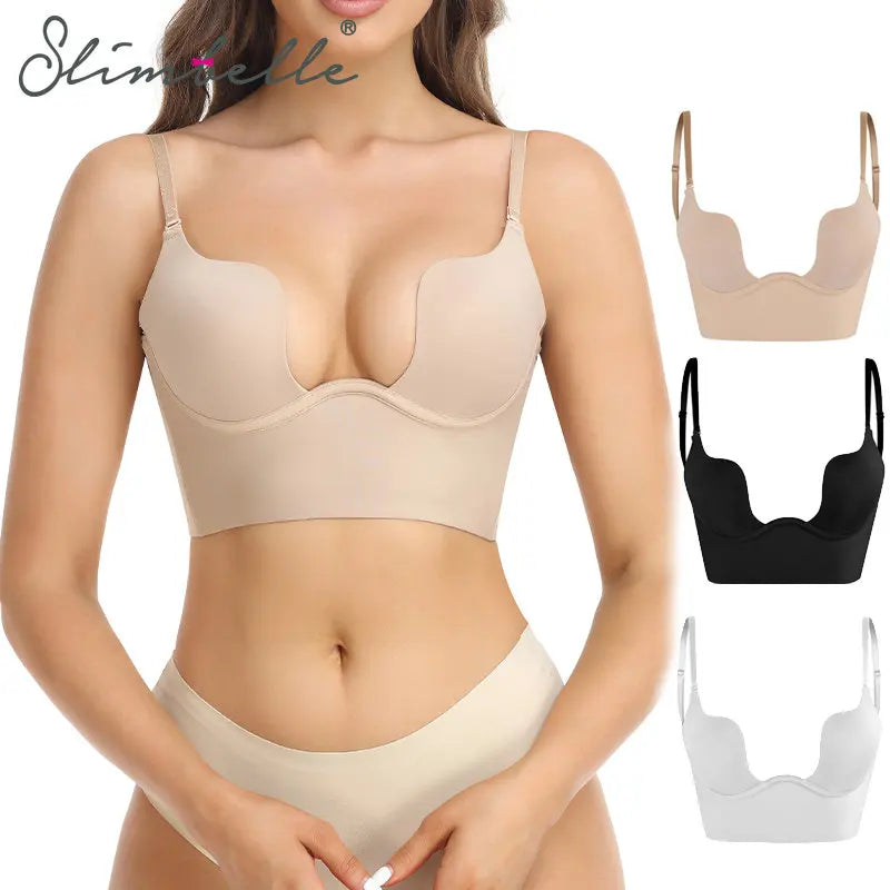 Seam-free Womens Low Cut Plunge Bra Wire Lifting Deep U Shaped Multi-Way Push Up Convertible Plunge Backless Sexy Bra
