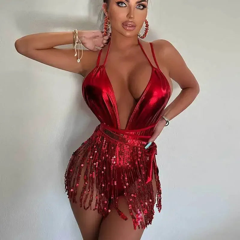 swimsuit women's new European and American sexy deep V swimsuitsNightclub hot girls tassel one-piece swimsuits