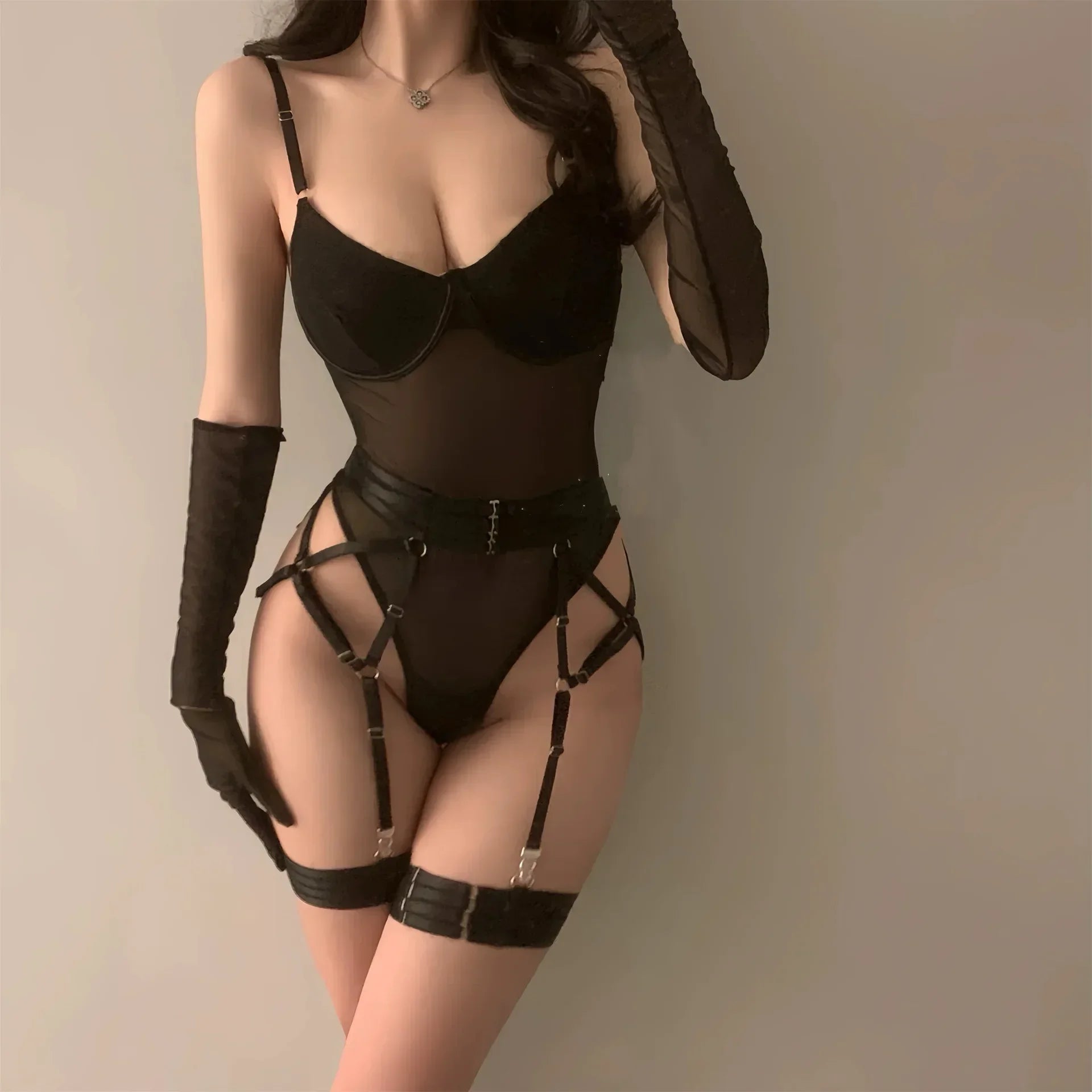 Sexy Sensual Lingerie Sets for Women See Through Mesh Lace Tight Bodysuit with Gloves Garter Exquisite Underwear Sexy Costumes