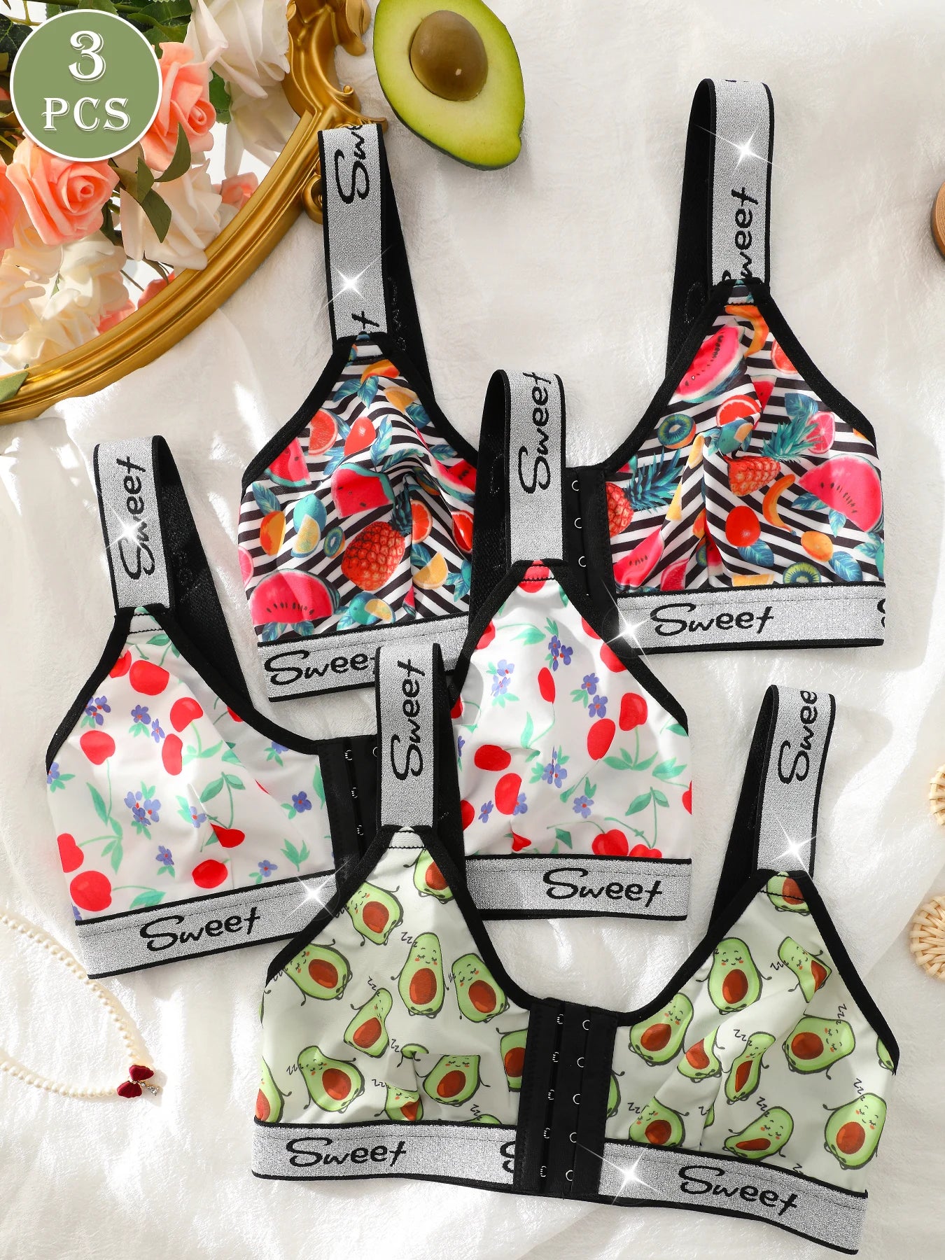 3 Pack Women's Wireless Bra, Mixed Fruit Print Front Closure Shiny Trim Comfort Bralette