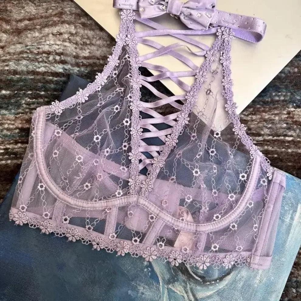 Purple Bra, Bow, Diamond-patterned, Rhinestone, Lace-up, High-neck, Off-the-neck Underwear