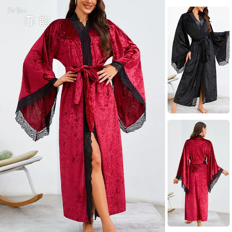 Lace Kimono Intimate Lingerie Velour Robe Women Long Nightgown Sleepwear Wedding Bride Party Gift Loungewear Nightwear