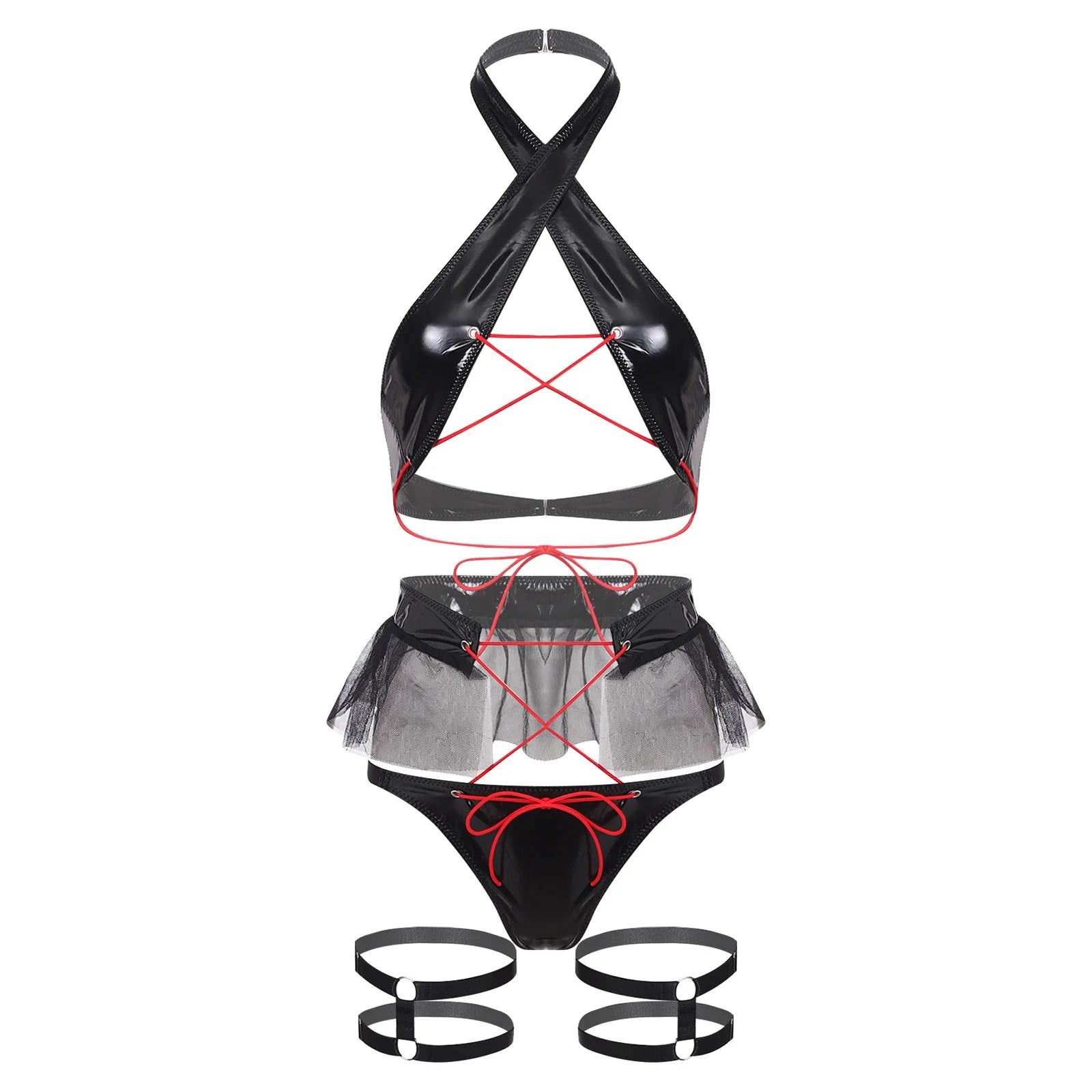 Womens Wet Look Lingerie Set Halter Backless Crop Top Mini Briefs with Ruffled Tulle Trim Miniskirt and Thigh Bands Nightwear