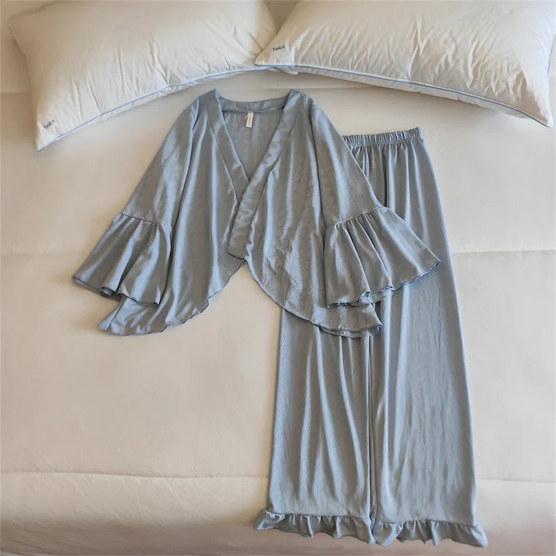 Pajama Set Woman New Chest Pad Sleepwear Ladies Night Wear Clothes Long Sleeve Trousers Suit Cotton Home Pijama De Mujer 3 Pcs