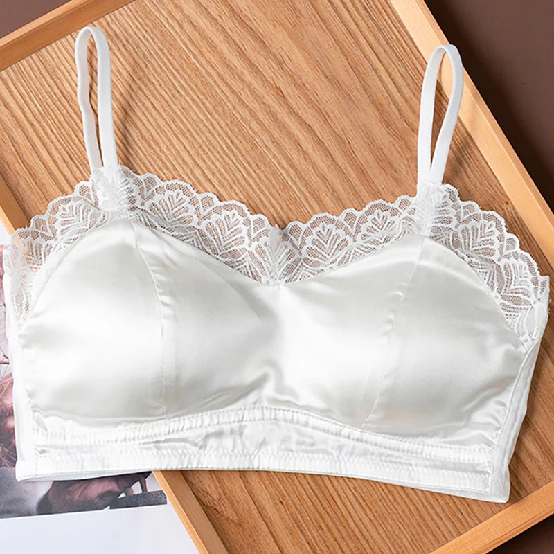 Lace Bralette Bra for Women 19 Momme Mulberry Silk No Underwire Wireless Full Coverage Lightly Lined Adjustable Skinny Strap