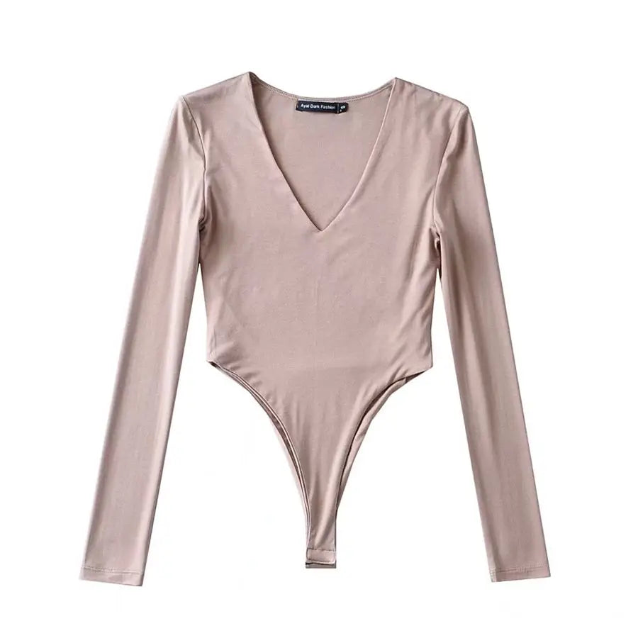 Women's Bodysuit Sexy V-neck Long Sleeve Bottom Shirt Gymnastic Yoga One-pieces Rave Festival Outfit Party Club Lingerie Tops