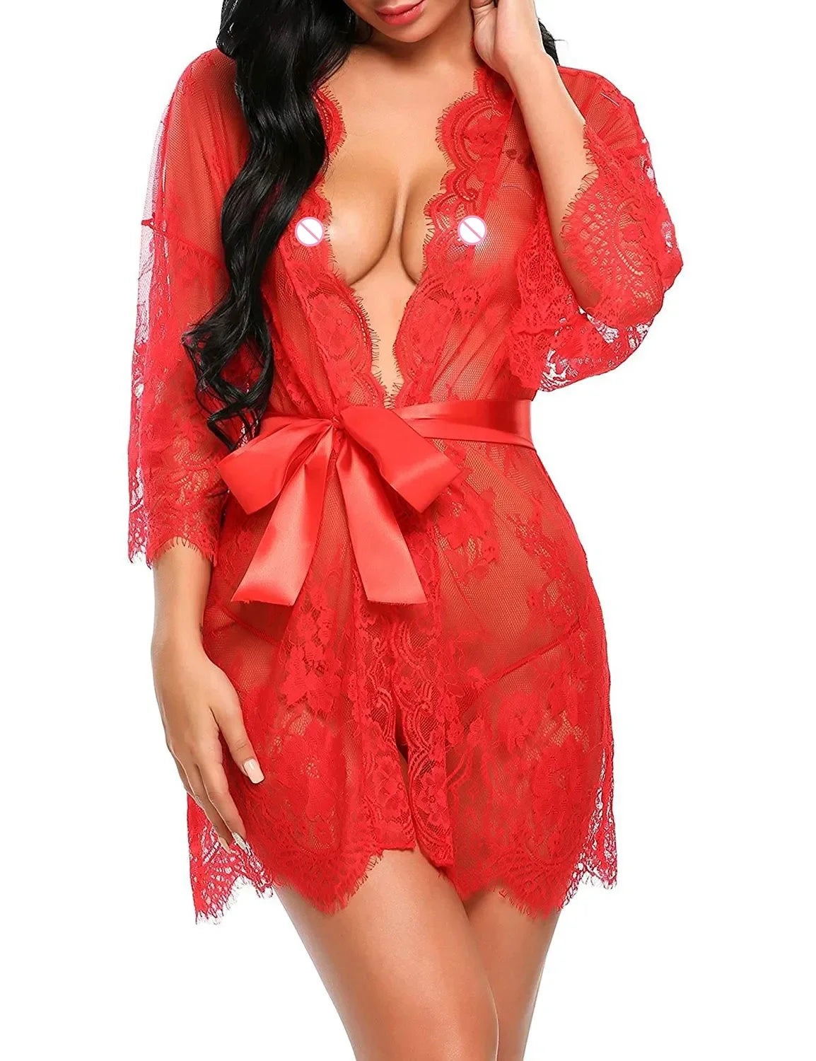 Women Sexy Lingerie Erotic Transparent V-Neck Nightwear Babydoll Robe G-string Costume Kimono Robe Lace Sleepwear Dress