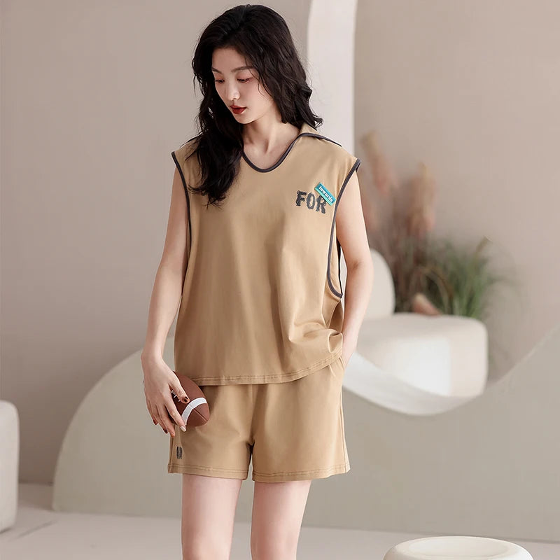 Couple Pajama Set Summer 100% Cotton Pyjamas Men and Women Sleeveless Pijamas