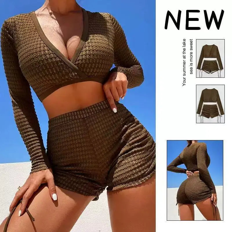 Sexy Long Sleeve Bikini 2 Piece for Women Textured V Neck Crop Top High Waisted Drawstring Swimwear Push Up Bathing Suit