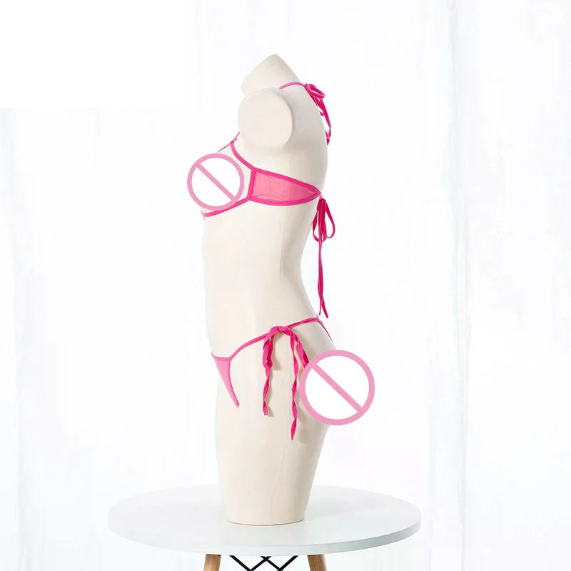 Sexy Lingerie 2 Piece Halter Neck Women's Underwear Set Mini Open Micro Bra Top Briefs Panties