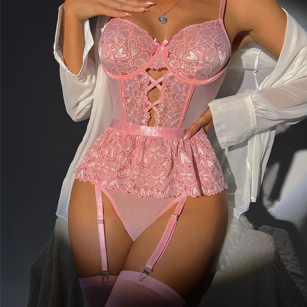 Sexy Lingerie Lace Transparent Open Bodysuit For Women Hollow Out Bra Underwear Erotic Thongs Garters Belt Babydoll Sets Tights