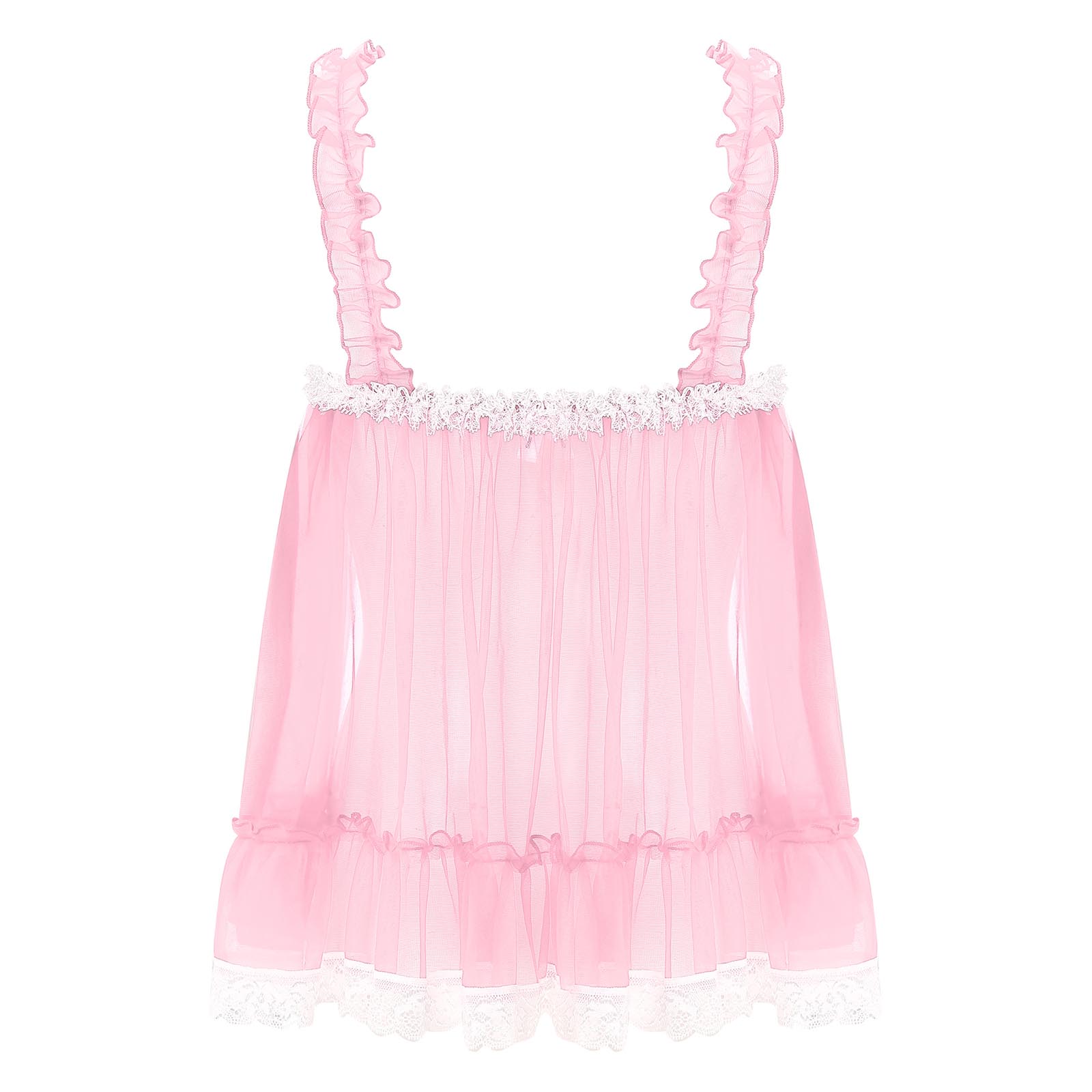 Womens Sexy See-Through Babydolls Sheer Mesh Top Ruffle Straps Bow Lace Trim Camisole Tops Lingerie Tempting Nightwear Clubwear