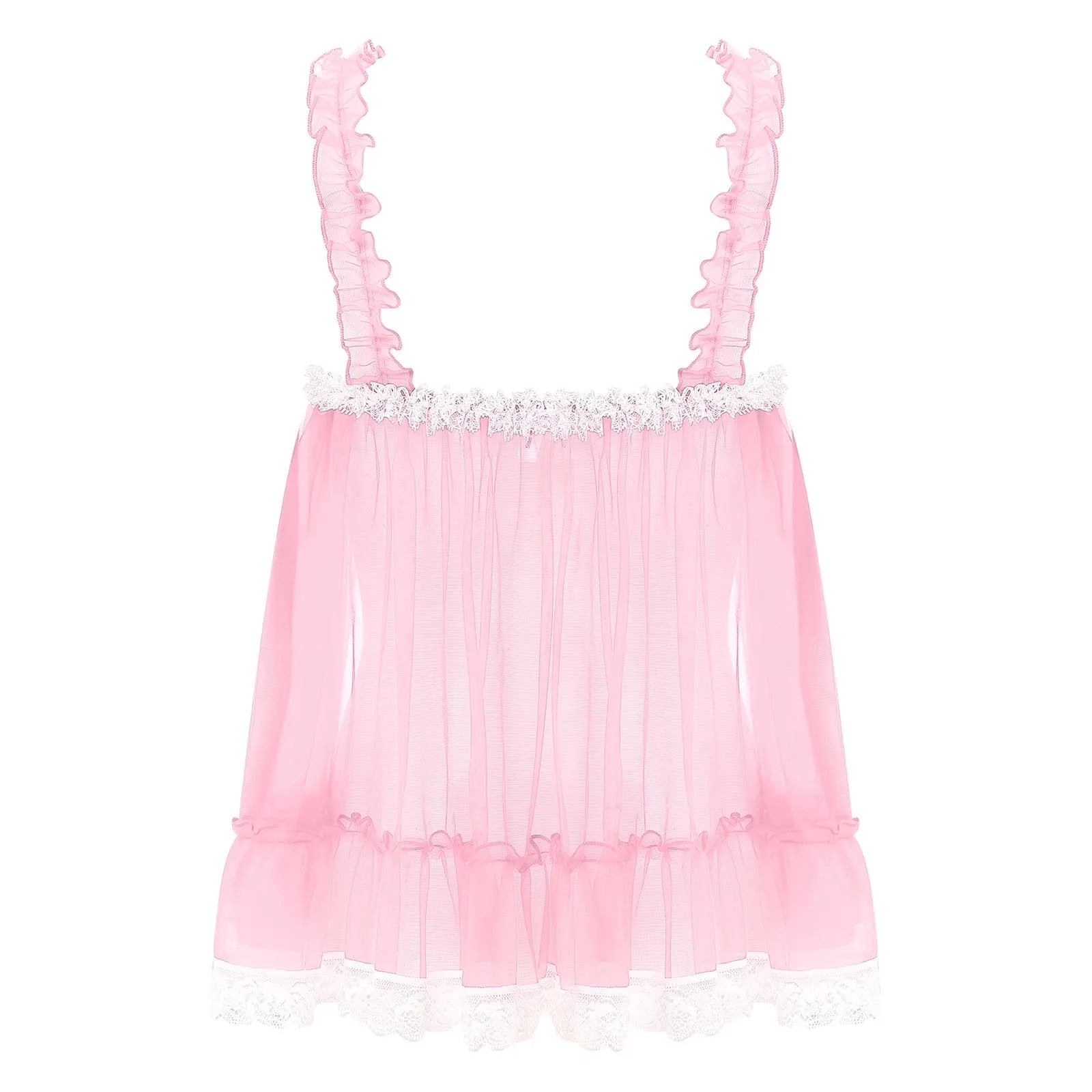 Womens Sexy See-Through Babydolls Sheer Mesh Top Ruffle Straps Bow Lace Trim Camisole Tops Lingerie Tempting Nightwear Clubwear