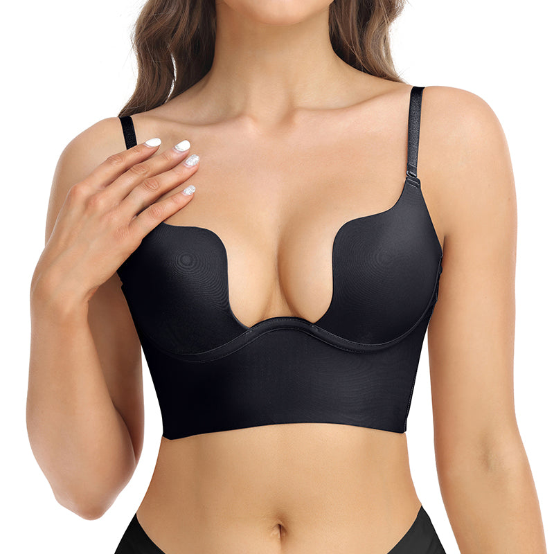 Seam-free Womens Low Cut Plunge Bra Wire Lifting Deep U Shaped Multi-Way Push Up Convertible Plunge Backless Sexy Bra