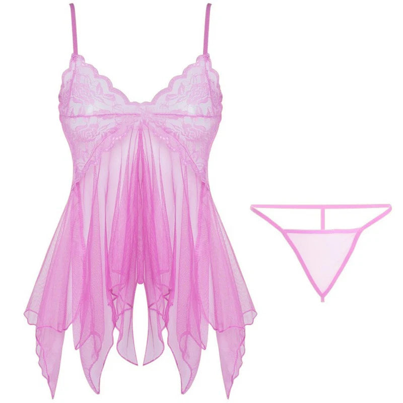 Sexy Lingerie Night Dress For Female Transparent Babydoll Nightwear With G-string Underwear Lace Sleepwear Women's Lingerie Set