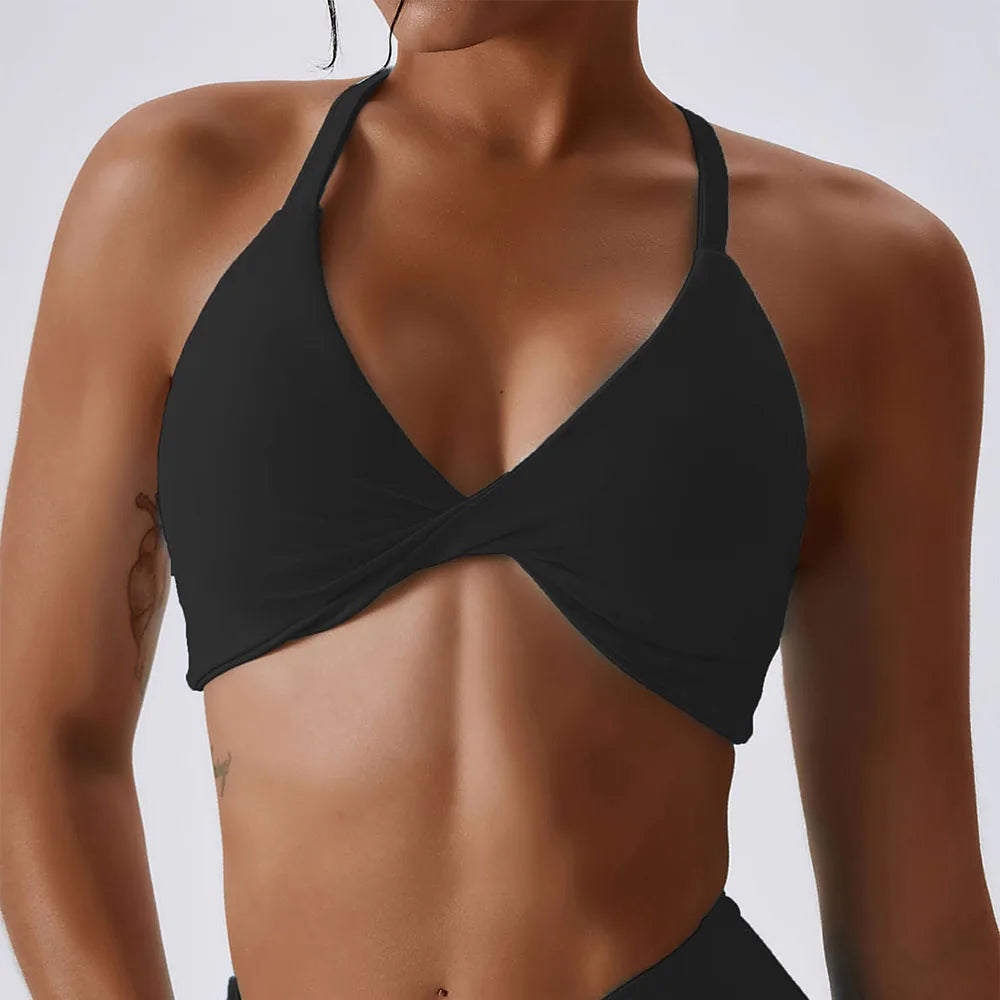 Anfilia Women Sports Bras Solid Halter Neck High Elastic With Removable Padded Gym Crisscross Strappy Back Yoga Running Tops