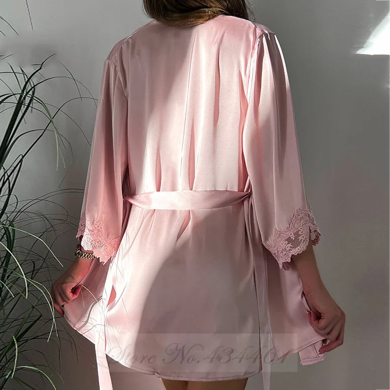 Sexy Lace Twinset Robe Set Nightgown Silky Satin Home Dress Lounge Wear Summer Female Sleepwear Kimono Bathrobe Gown Lingerie
