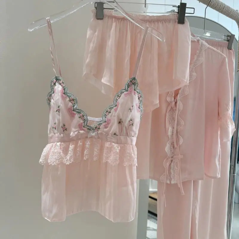 2025 Summer New Pajamas Lingerie Set Sexy Sweet Lace Trim Cami Shorts Shirt Pants Rayon Home Clothes Loungewear Nightwear