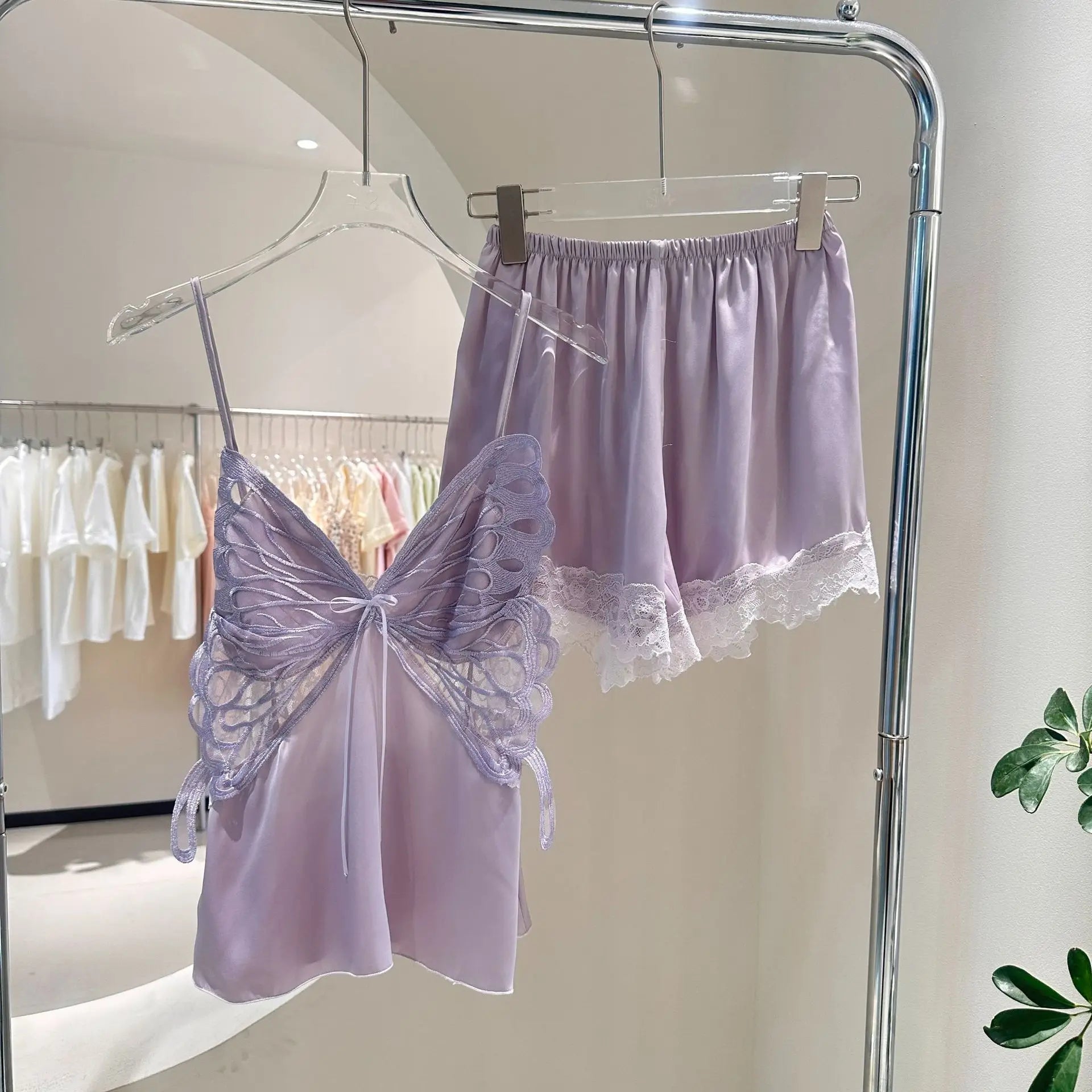 Sexy Cami&shorts Pajamas Set Loungewear Female Lace Butterfly Nightwear 2Pcs Pijamas Suit Home Wear Women Sleepwear Lingerie