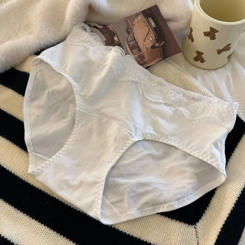 Lingerie Bow Lace Cotton Panties Transparent Seamless Underwear for Women Mid Waist Soft Floral Lace Briefs Spring Summer