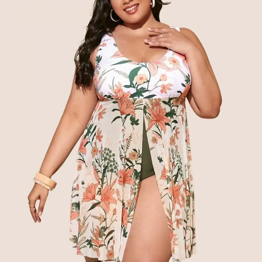Plant Print Split Hem Monokini Flattering Plus Size One-piece Swimsuits for Women U-neck Summer Skirt Style Split Bathing Suit