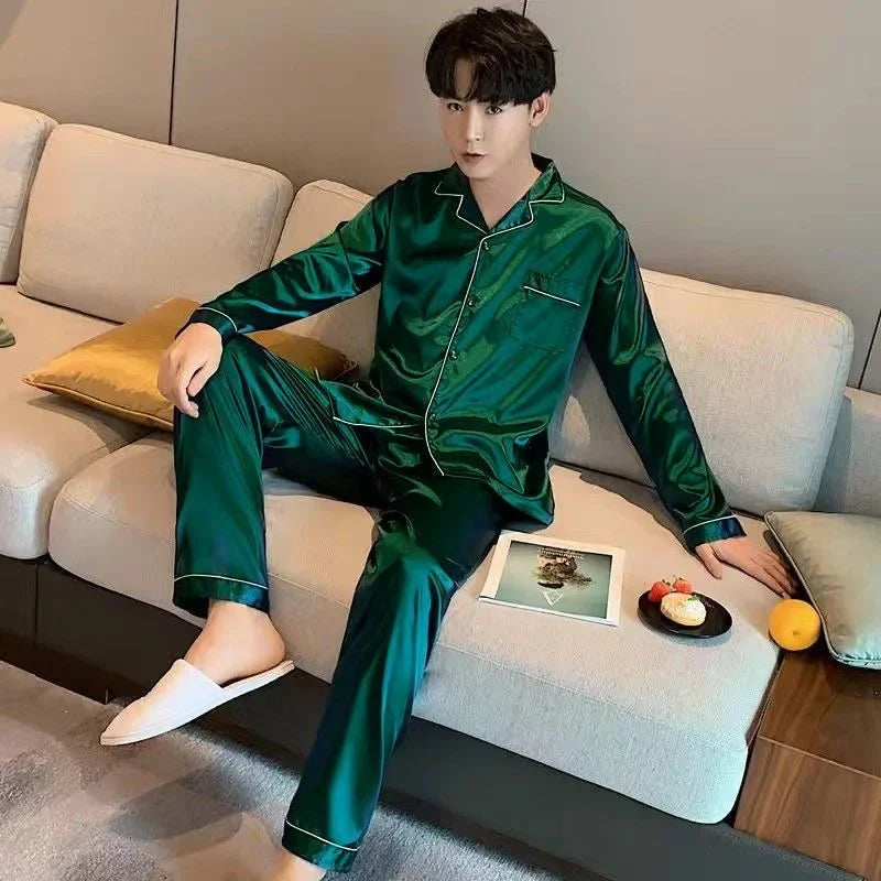 High Quality Men's Casual Pajama Sets Fashion Satin Long Sleeve Lapel Tops and Pants Homewaer Suit Men Comfort Lounge Sleepwear