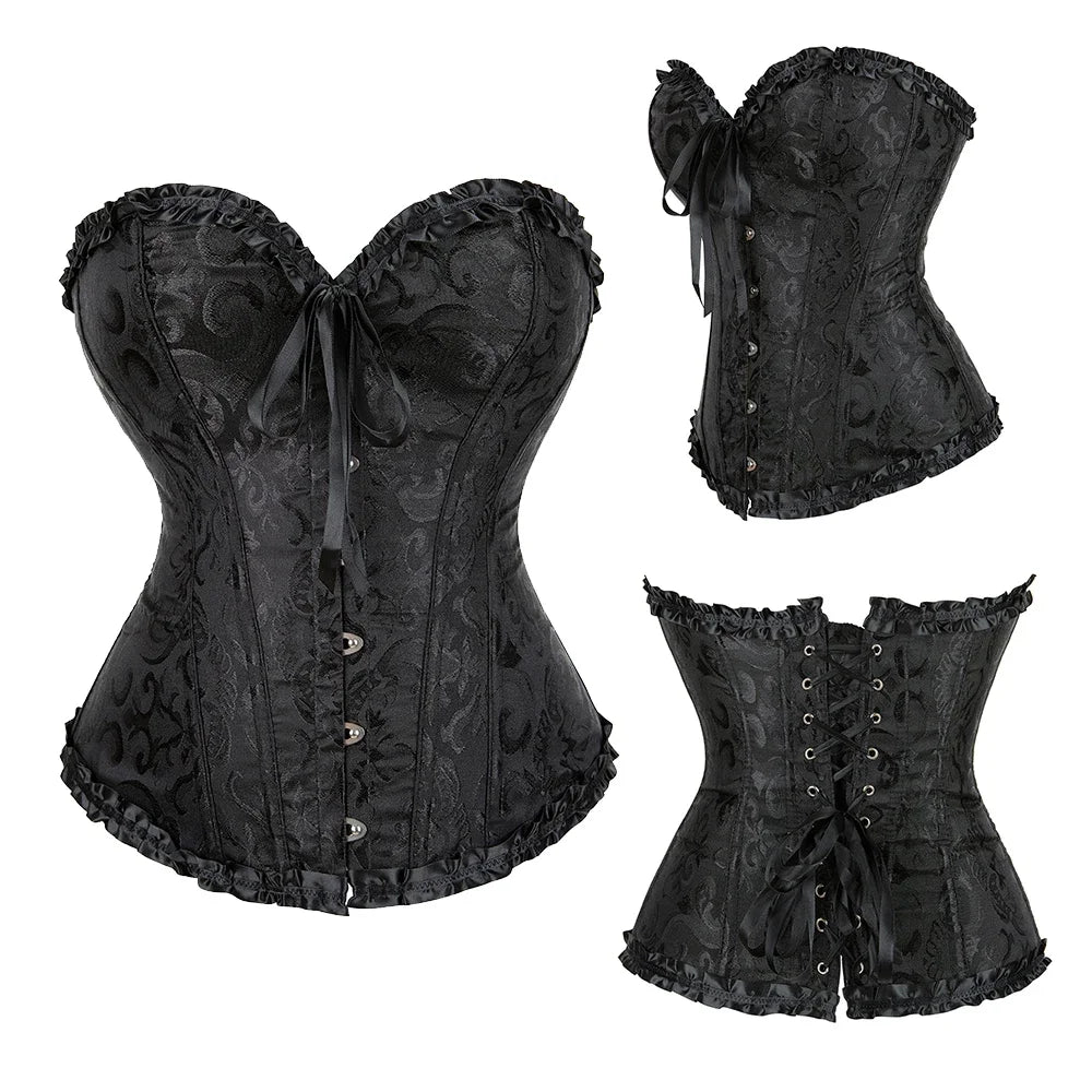 Women Sexy Overbust Corset Korset Basques Floral Lace Top Bustier Jacquard Lingerie Corselet