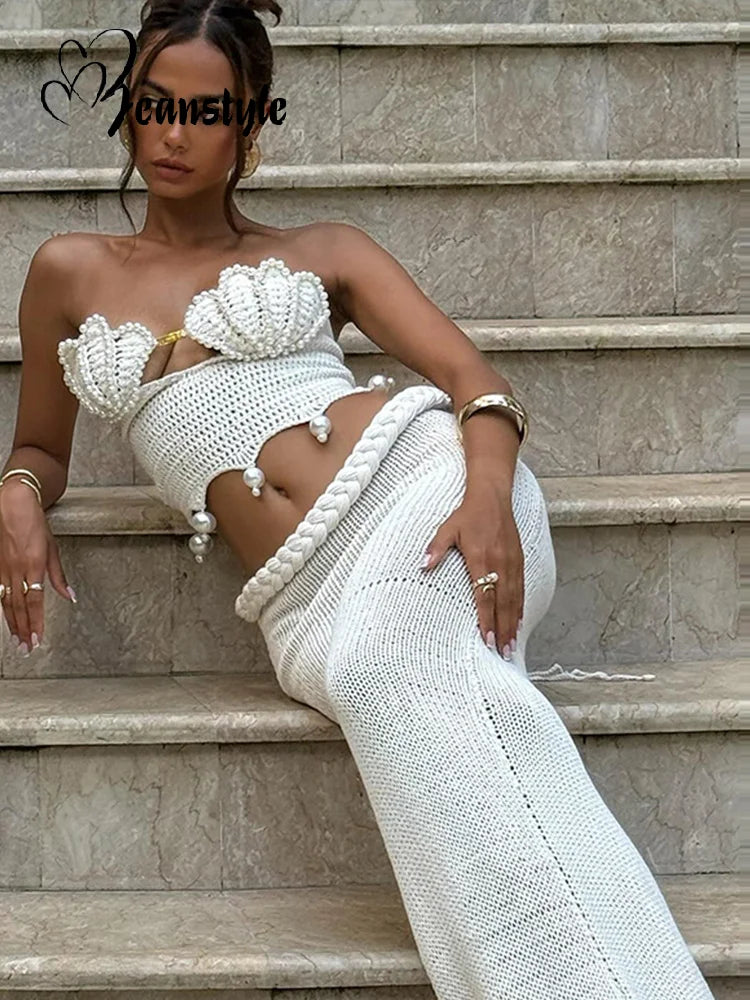 Sexy Crochet Hollow Out Pearl Skirt Set Women White Crop Bikini Tops Slim Hip Package Skirts 2026 Spring Lady Beach Outfits New