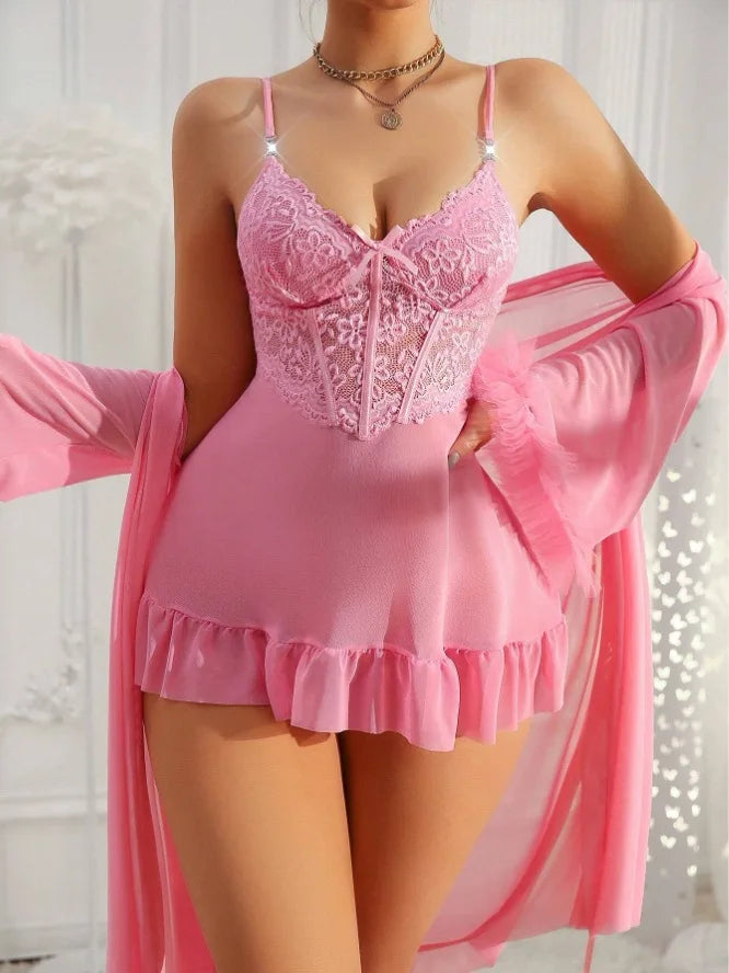 Women Sexy Robe Lingerie Set Lace V-neck Cami Dress with Transparent Mesh Night Gown Robe Nightwear Female Casual Sleepwear