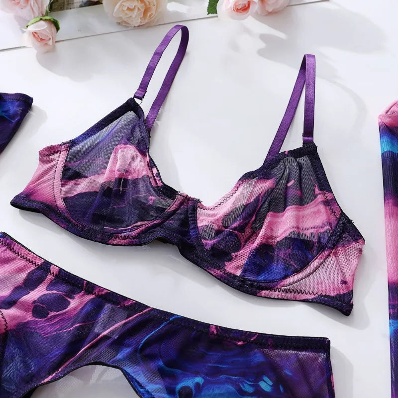 5 Pieces Lingerie Set Women Nightwear tie-dye Printed Halloween Underwear Bras Panties Golves Stocking Erotic Laungerie Set
