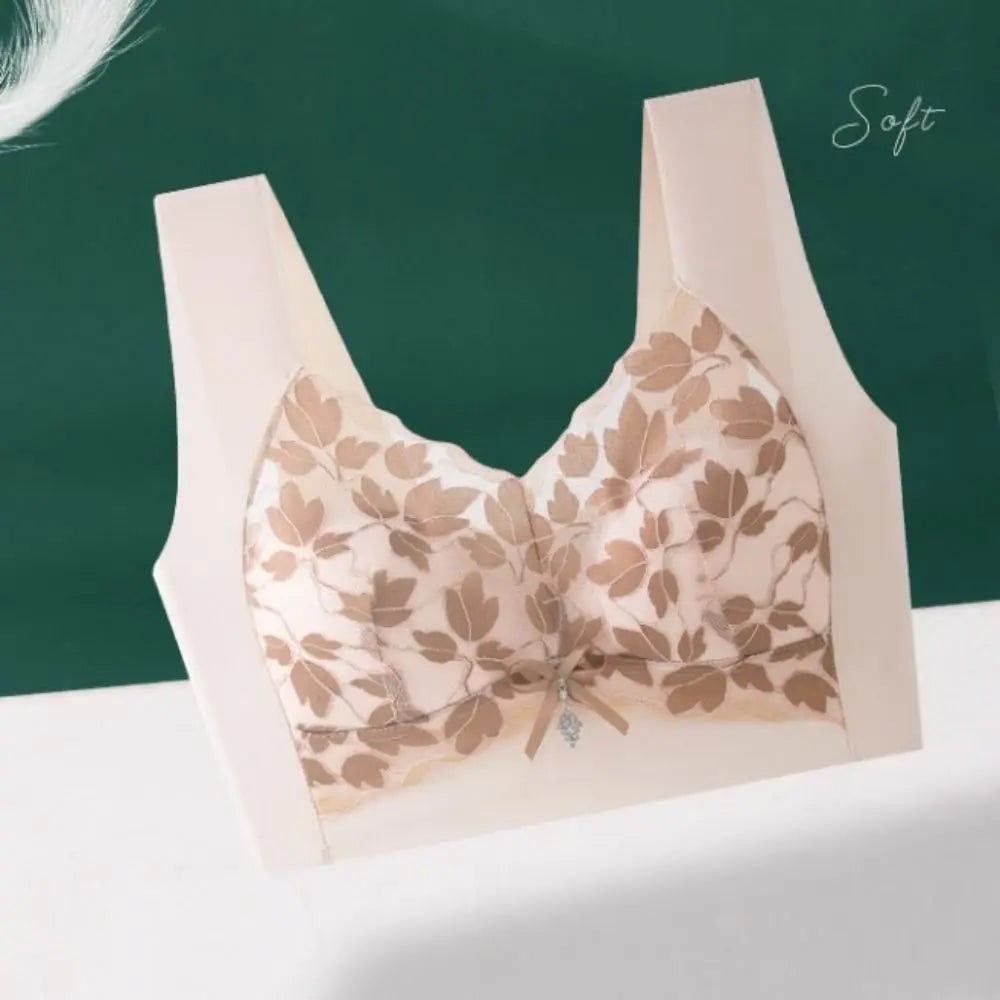 Breathable Leaf Lace Deep V Bras Zircon Bowknot Push Up Bras Big Cup Gathered Breasts Brassiere for Women Girls