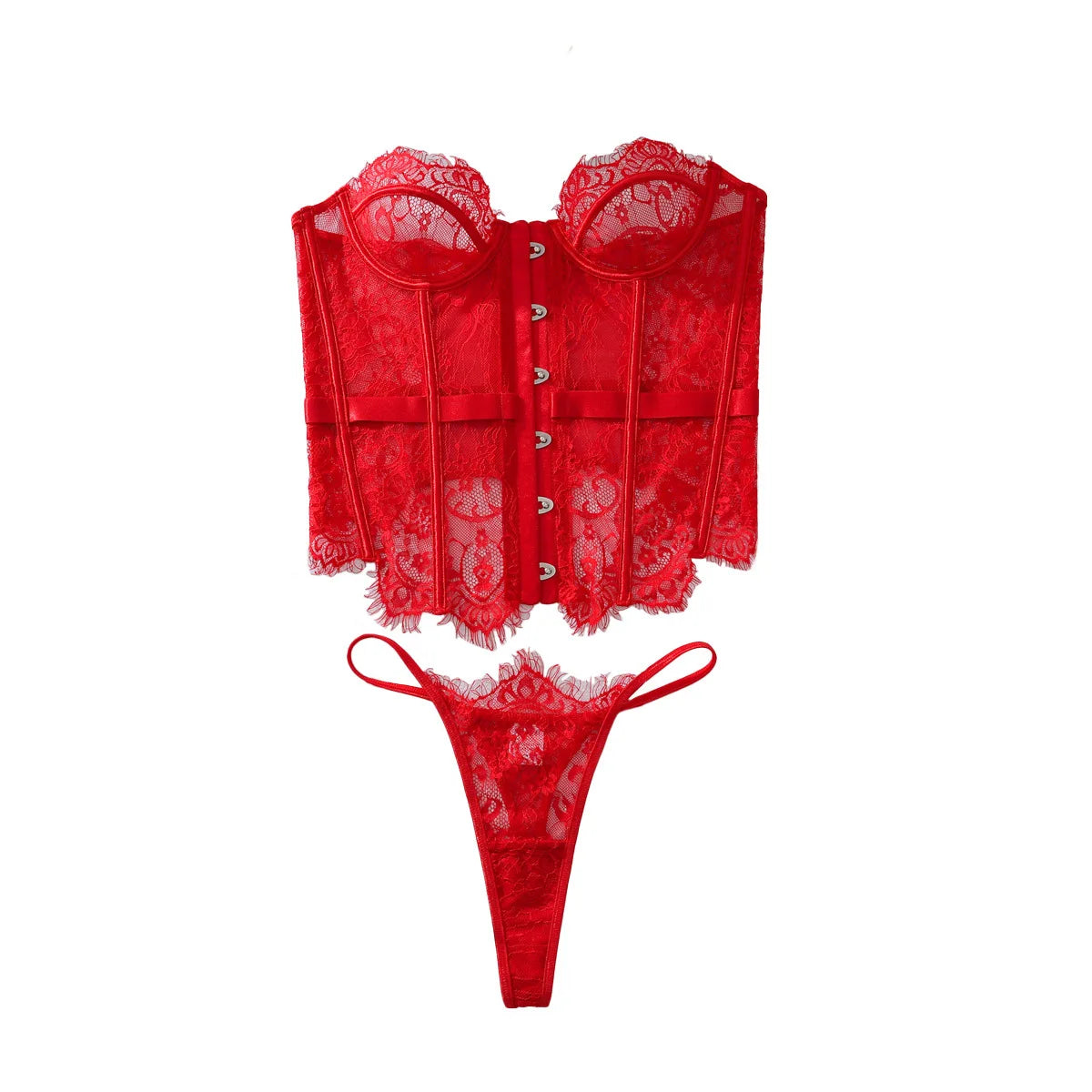 Boned Lace Corset Top and Thong Sexy Lingerie Set Transparent Demi Cup Underbust Underwear For Waist Training Erotic Outfits