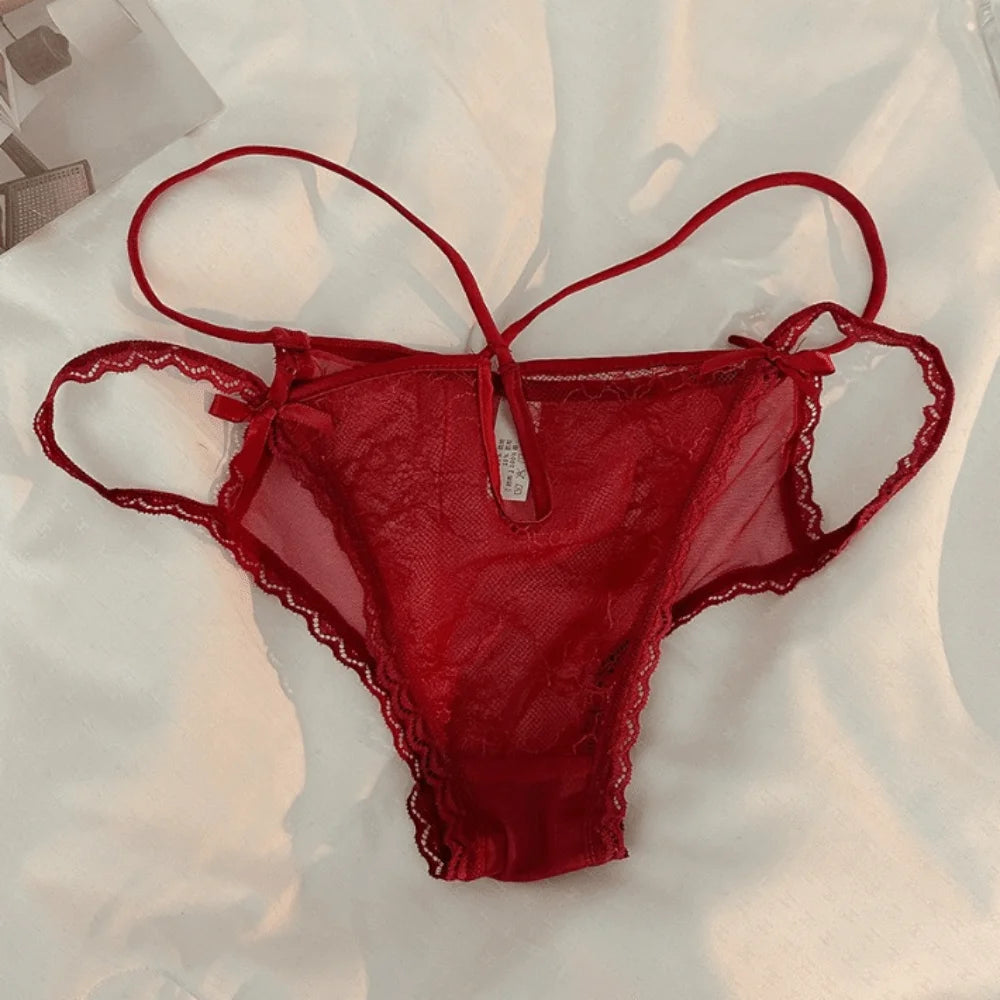 Lingerie Bow Lace Flower Panties Low Waist Hollow French Style Briefs Transparent Thin Strap Lace Mesh Briefs Gifts
