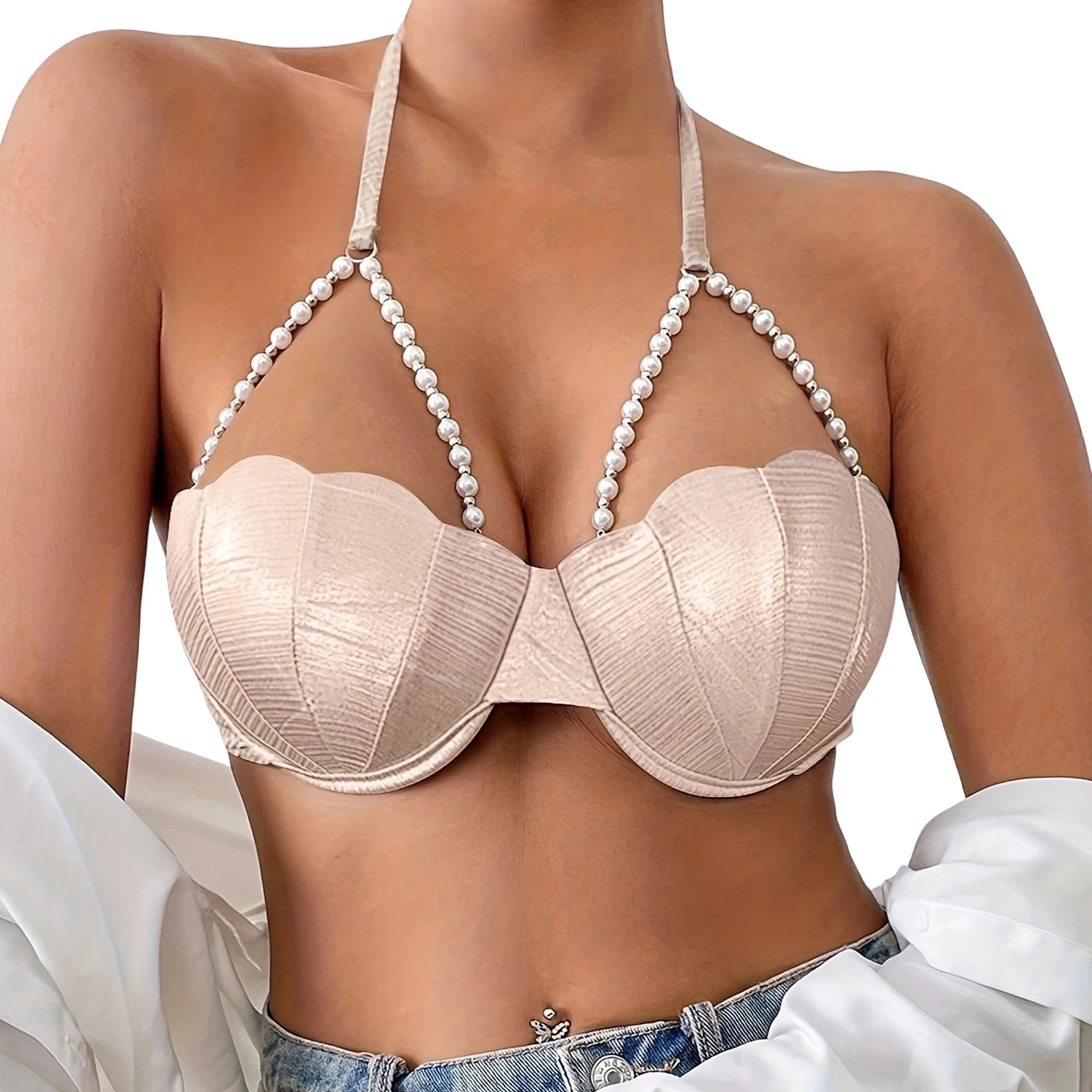 Women's Seashell Bikini Tops Sexy Halter Neck Spaghetti Straps Bathing Suit Bra with Pearl Chain