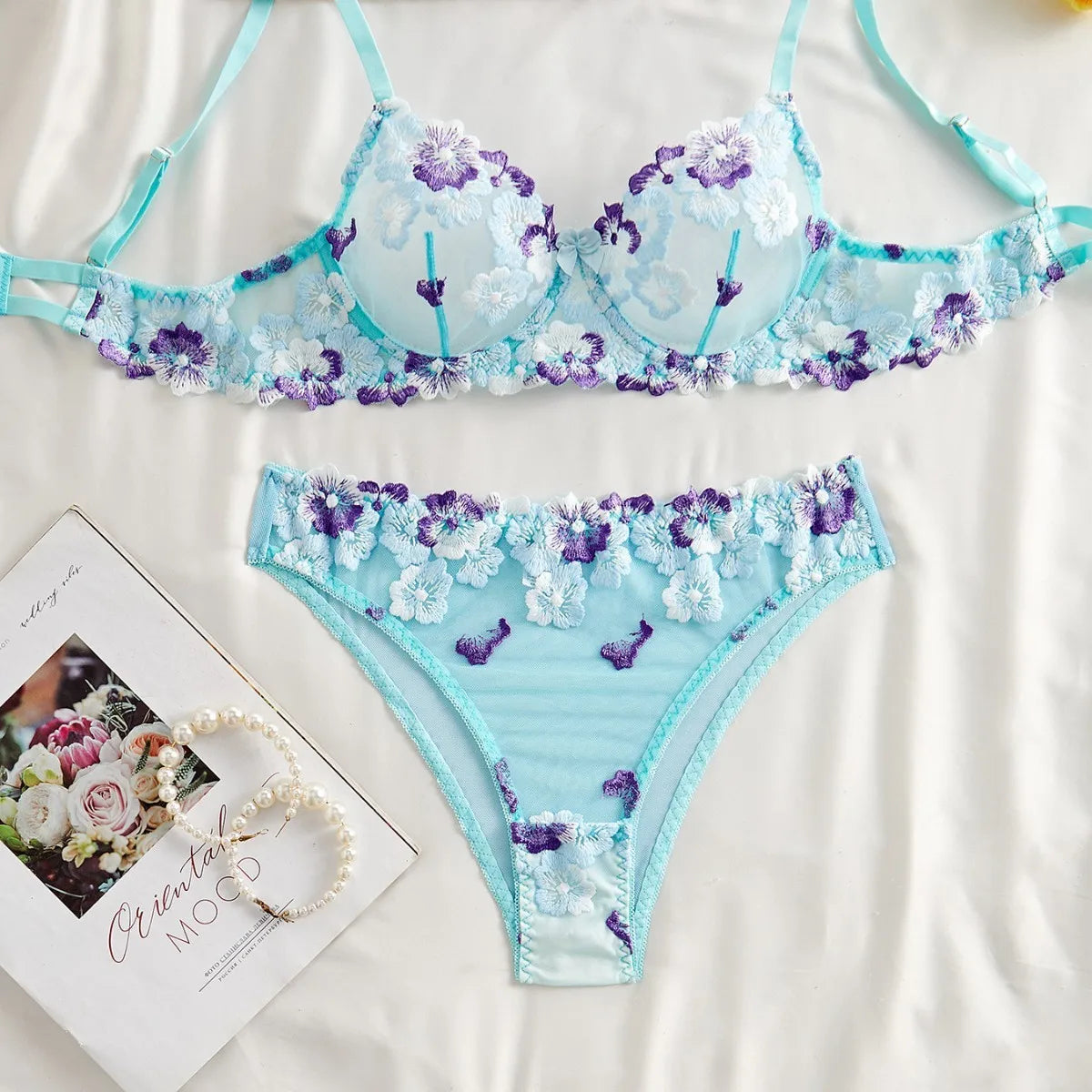 Pink Floral Lace Lingerie Set for Women Embroidered Mesh Bra & Panty Set Sexy Underwear with Sheer Design