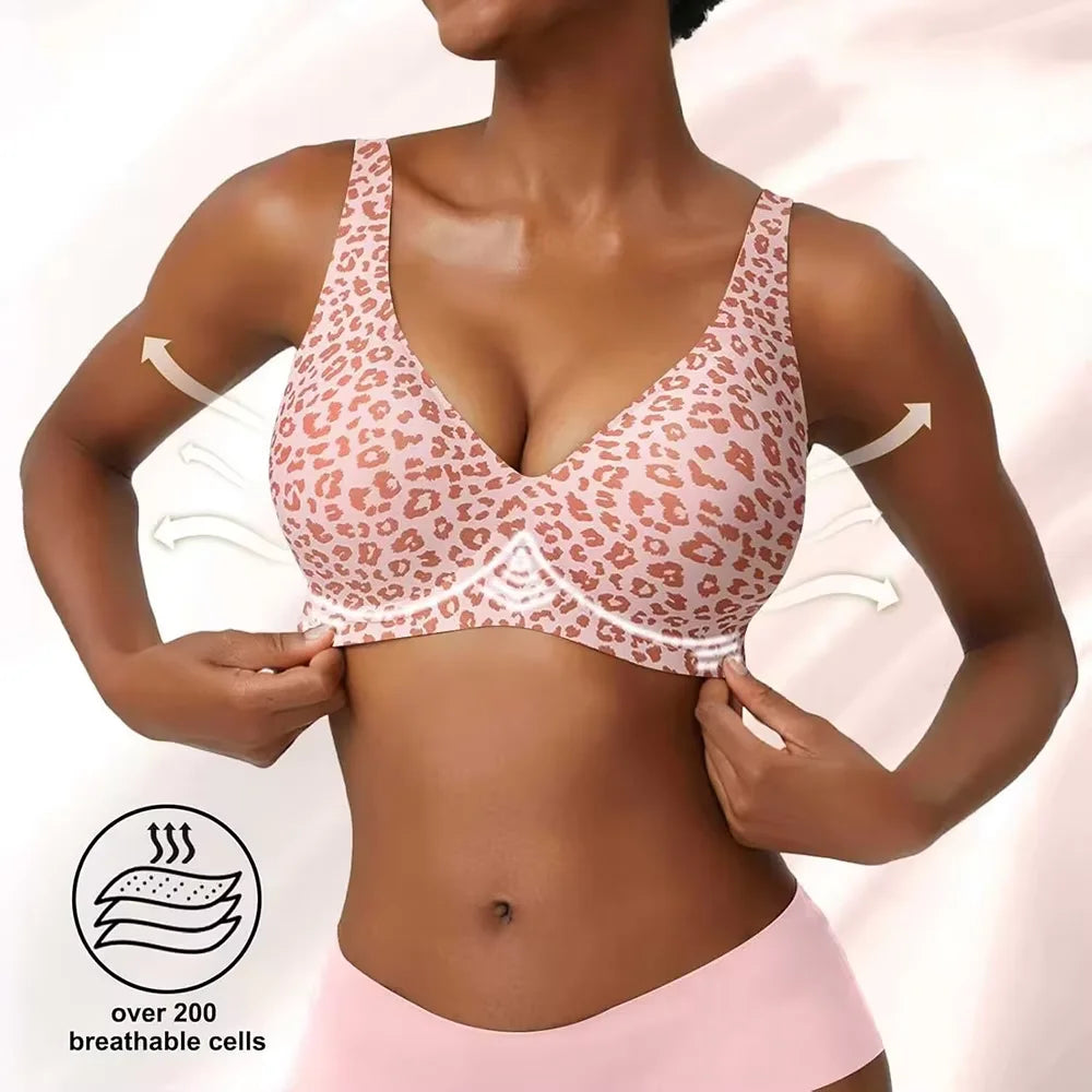 Pink Leopard Deep V Push Up Jelly BrasWireless Supportive Bra No Underwire Comfortable Bras Plunge Seamless Bralette