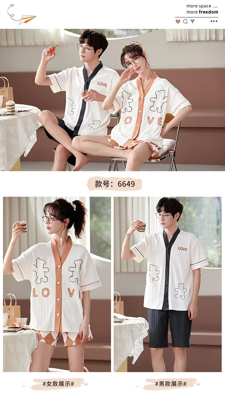 Summer Couple Pajamas Sets Cartoon Men Sleepwear Leisure Cotton Short Sleeve Women Kimono Homewear pijama Homme Mujer Dropship