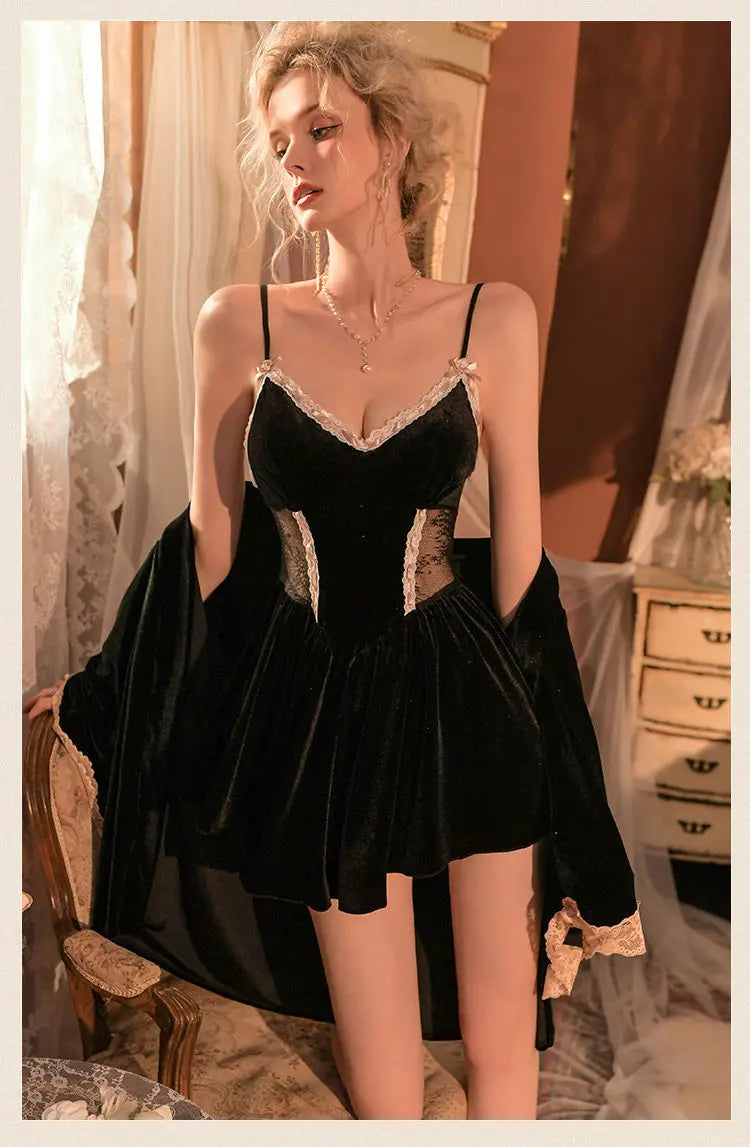 Women Robe Nightwear Lace French Nightgown Sleepwear Hollow out velvet camisole Lingerie Robe 2022 Spring Autumn Set Sexy Sweet